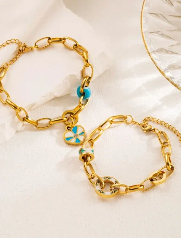 LFE Stainless Steel 18K Gold Plated Bracelet with Dropped Oil Blue Eye – Heartfelt Elegance