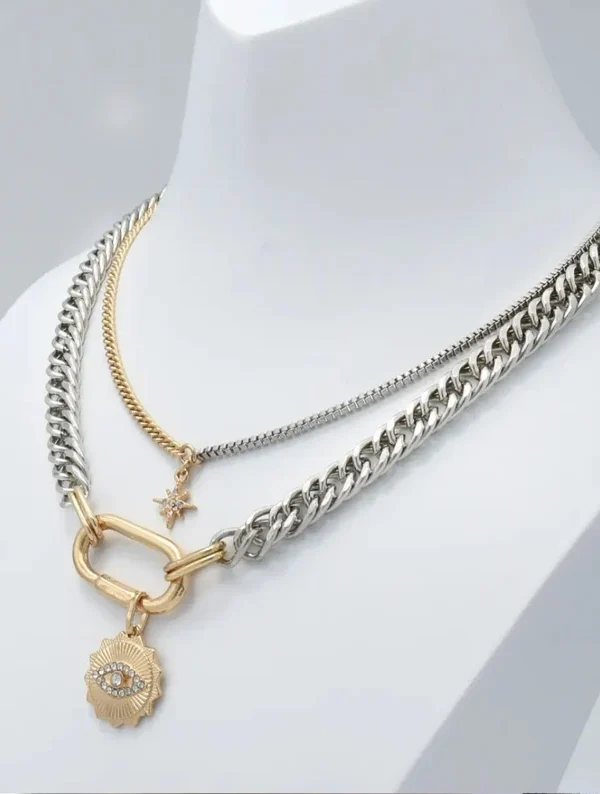 LFE Stainless Steel Cuban Chain 18k Gold Plated Silver Eye Star Sun Crystal Pendant Necklace – Celestial Elegance